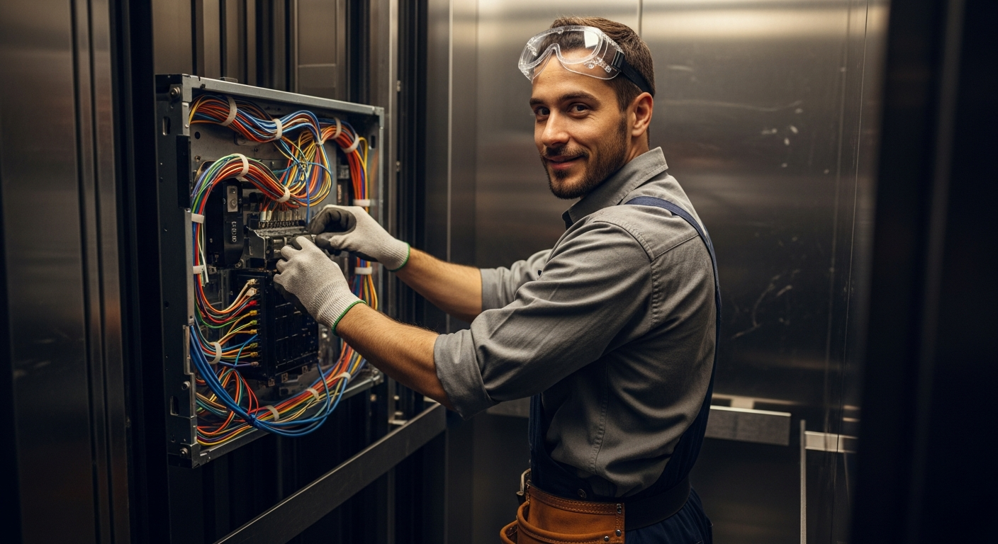 A skilled elevator technician, wearing sturdy, grease-smudged work overalls a...