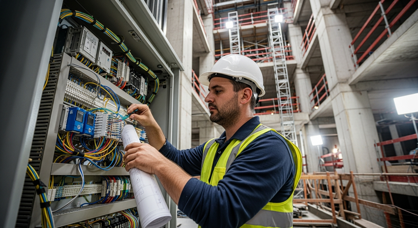 An expert elevator mechanic, wearing a high-visibility safety vest and a whit...