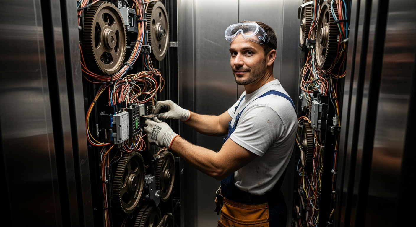 A skilled elevator technician, wearing sturdy, grease-smudged work overalls a...