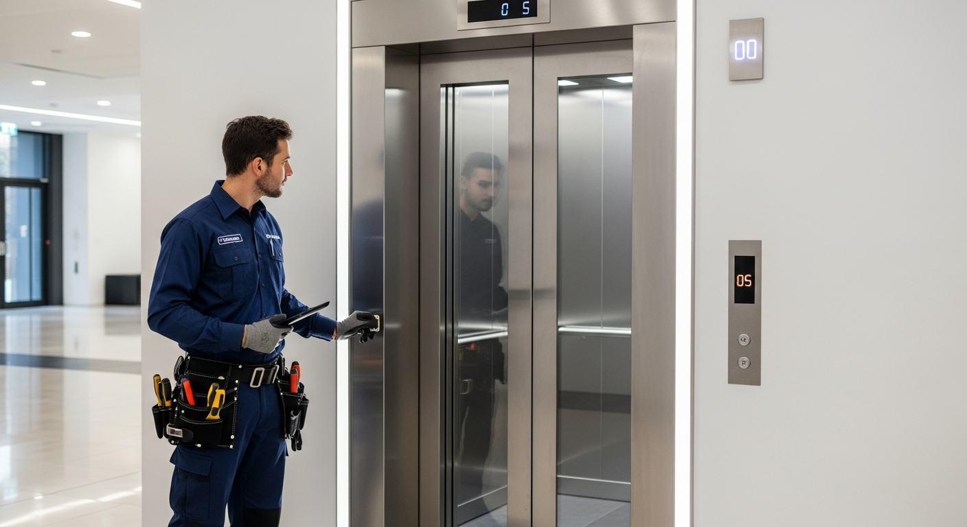 A highly concentrated elevator service professional, dressed in a pristine, d...